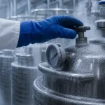 Kryogena förvaringstankar med frost, symbol för nedfrysning av celler och vävnad