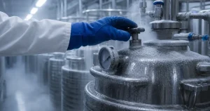 Kryogena förvaringstankar med frost, symbol för nedfrysning av celler och vävnad