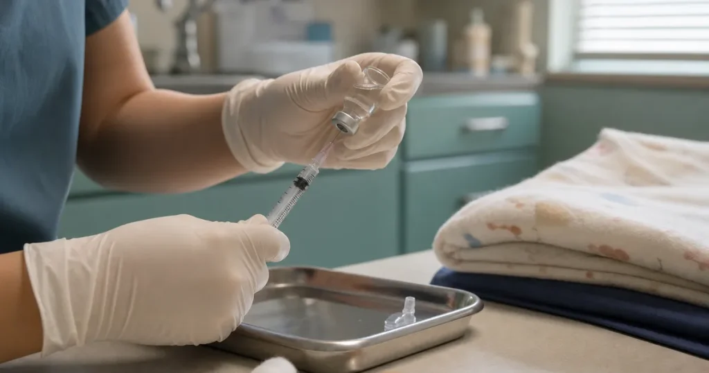 Sjuksköterska förbereder vaccinationsspruta på en klinik