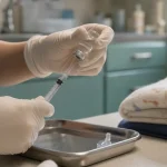 Sjuksköterska förbereder vaccinationsspruta på en klinik