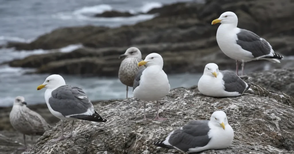 Skrattmåsar vid strandkanten på en mulen sommardag längs den svenska kusten