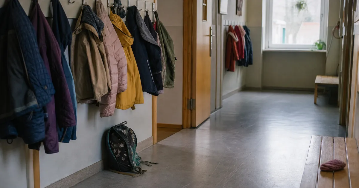 Tom skolkorridor med barnens jackor på rad, symbol för hemmets och skolans samspel