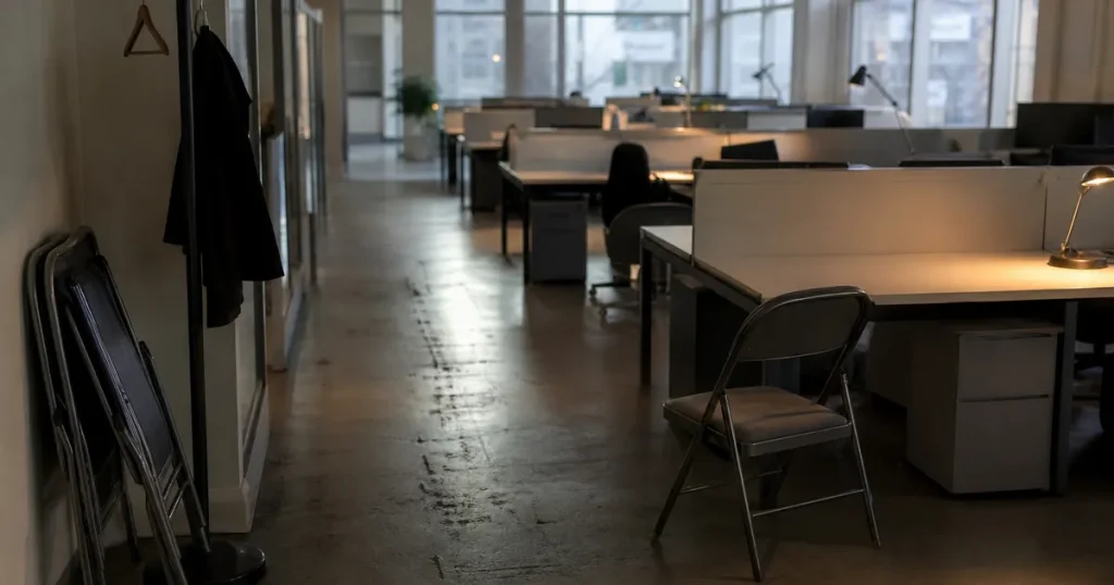 Tomt kontorslandskap med extra stolar som inte räcker till alla