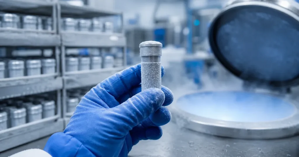 Fryst vävnadsprov förvaras i kryogen tank inför framtida fertilitetsforskning