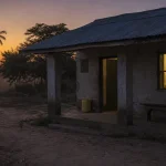 Ödslig hälsoklinik i Kongo-Kinshasa i skymningsljus utan patienter utanför