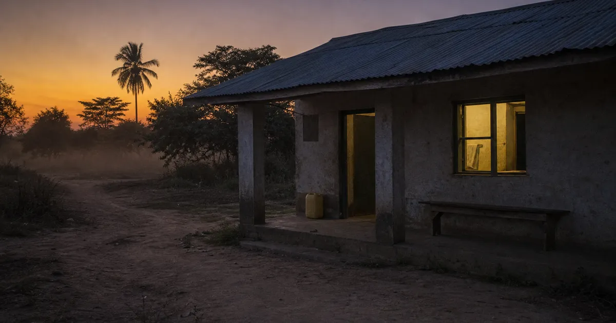 Ödslig hälsoklinik i Kongo-Kinshasa i skymningsljus utan patienter utanför