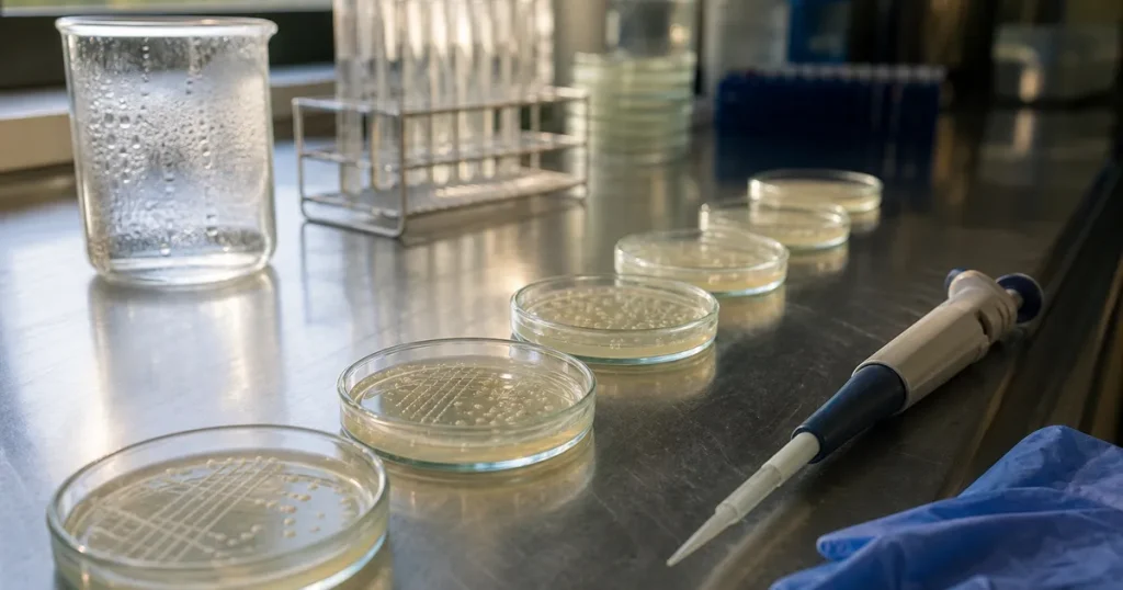 Petriskålar och labbutrustning på ett laboratoriebord