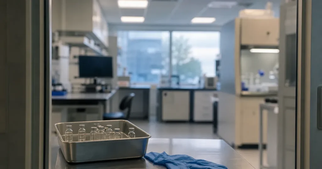 Laboratorium med provrör och skyddshandskar, symbol för avbruten läkemedelsstudie