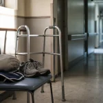 Rullstol och gånghjälpmedel i sjukhuskorridor under strokerehabilitering