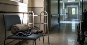 Rullstol och gånghjälpmedel i sjukhuskorridor under strokerehabilitering