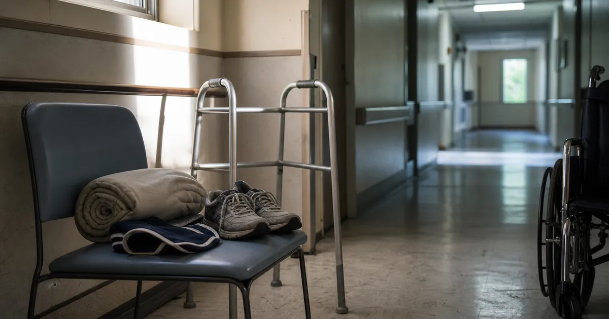 Rullstol och gånghjälpmedel i sjukhuskorridor under strokerehabilitering