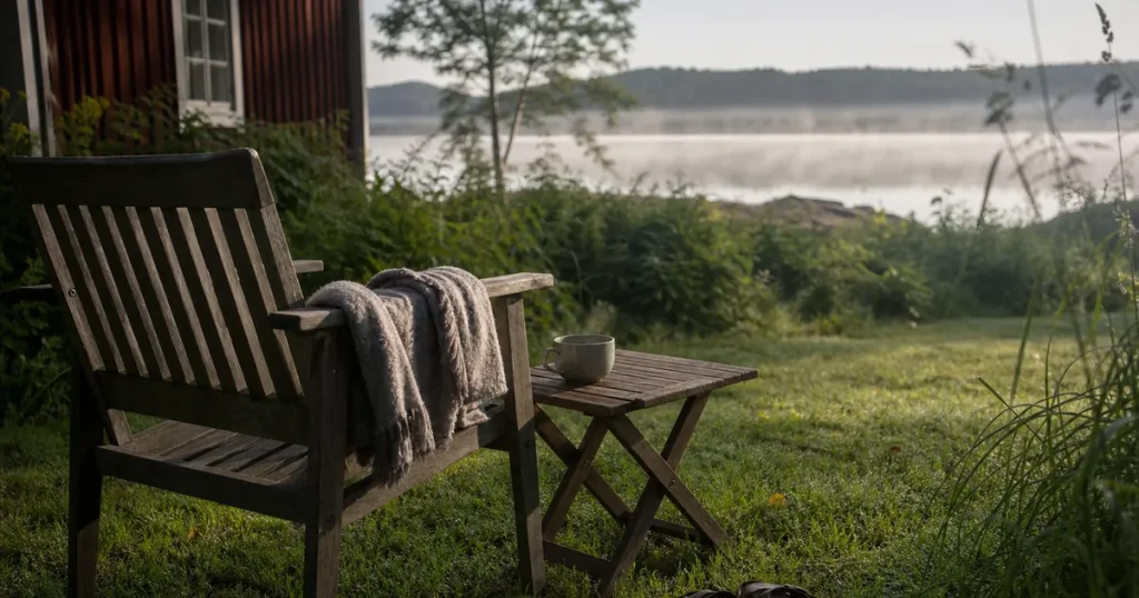 Tom trädgårdsstol vid sjö en tidig sommarmorgon under semester