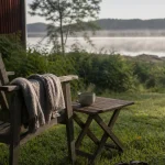 Tom trädgårdsstol vid sjö en tidig sommarmorgon under semester