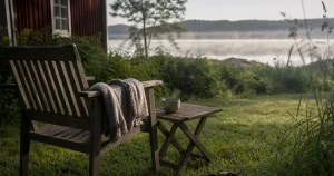 Tom trädgårdsstol vid sjö en tidig sommarmorgon under semester