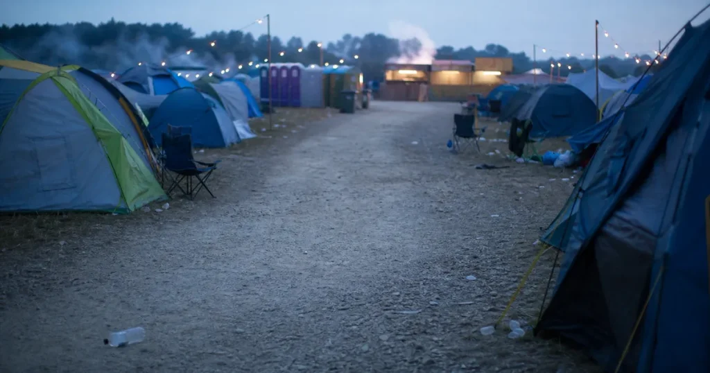 Tomt festivalområde med tält i skymning efter mässlingsutbrottet på Urkult
