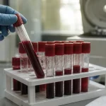 Provrör med blod på laboratoriebänk, forskning om fritt hem och njurskada