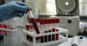 Provrör med blod på laboratoriebänk, forskning om fritt hem och njurskada