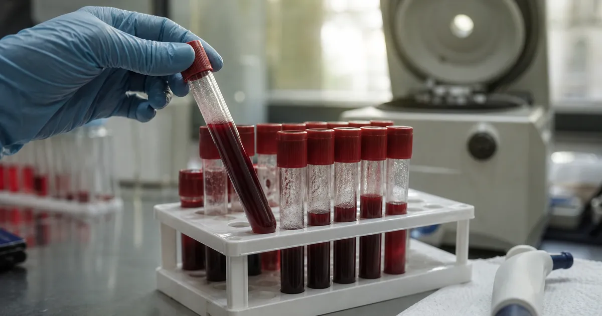 Provrör med blod på laboratoriebänk, forskning om fritt hem och njurskada