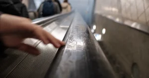 Sliten ledstång i en tunnelbanestation, ytan som forskare tar mikrobprover från