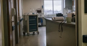Tom sjuksköterskestation på ett sjukhus med schema och kaffekopp kvarlämnade